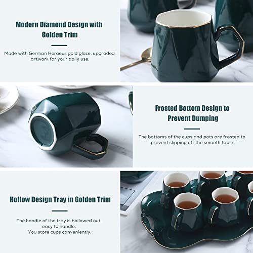DUJUST 14 pcs Tea Set of 6 with Tray & Spoons, Modern Diamond Design Tea/Coffee Cup Set with Golden Trim, Chic Porcelain Living Room Decor, Fine-China Teapot Party Set, Gift Package - Green - Image 4