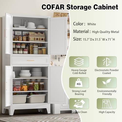 COFaR 71" Tall Kitchen Pantry, Farmhouse Storage Cabinet with Doors and Shelves, Metal Cabinet with Drawers and Legs, for Cupboard/Dining Room/Bathroom/Living Room/Office/Laundry Room (White). - Image 5