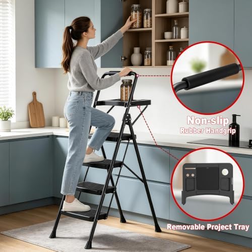 4 Step Ladder, Anautin Folding Step Stool with Tool Tray, Wide Anti-Slip Pedals, Heavy Duty Steel Step Ladder with Handrails, Portable Foldable Ladder for Kitchen Closet Garage Home 600lbs Capacity - Image 3