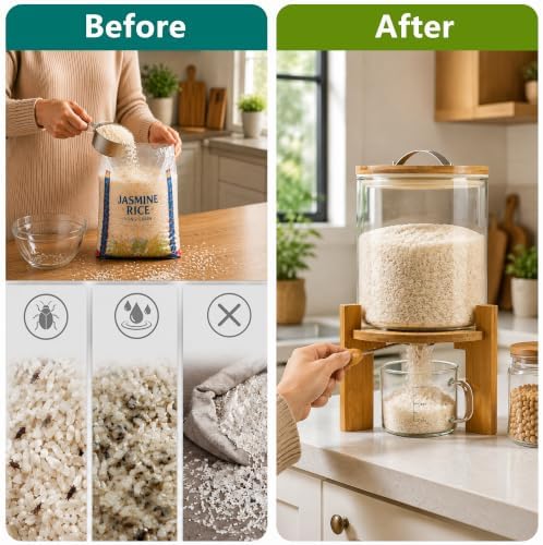Rice Dispenser, Rice Storage Container：Flour and Cereal Container with Airtight Lid and Wooden Stand, Glass Food Storge Container for Kitchen Organization and Pantry Store (5L) - Image 2