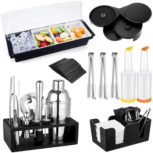 Mifoci 23 Pcs Bartender Supplies Kit Garnish Tray for Bartenders with Bar Caddy 3 Tier Salt Rimmer 13 Pcs Cocktail Shaker Set and Bar Accessory for Christmas Bartender Gifts Beginners(4 Compartments) by Mifoci