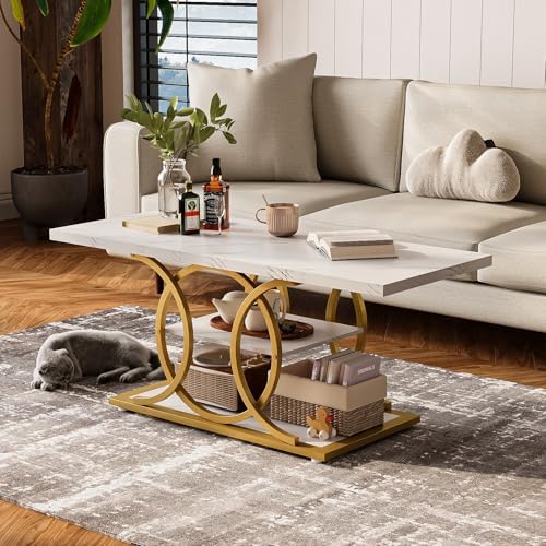 GiftGo Rustic Coffee Table with Storage Modern 3 Tier Center Living Room Table Faux Marble Wooden Rectangle Cocktail Tea Table for Office Bedroom Elegant Full Moon Design (White Gold, L-47) - Image 3