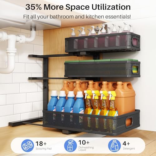 Under Sink Organizer, 3-Tier Thickened Metal Pull out Cabinet Organizer Shelf, Height Adjustable Slide out Storage Drawer Rack for Kitchen Bathroom Pantry Laundry Home Organization, 2-Pack, Black - Image 4