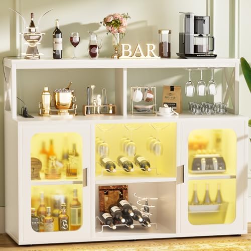 Aheaplus Bar Cabinet with Power Outlet, Liquor Cabinet with Led Lights and Glass Holders, Storage Buffet Cabinet Coffee Bar Cabinet for Liquor, Wine Cabinet with Racks for Home, Kitchen,-G2, White by Aheaplus