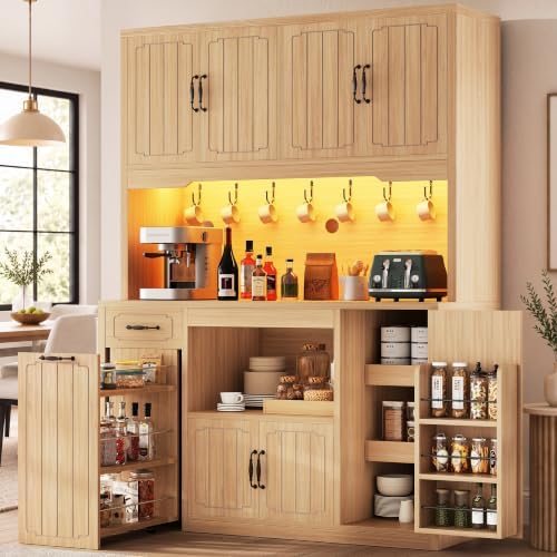 Fluted Kitchen Pantry Cabinet with Charging Station & LED Light, 47" Wide Kitchen Pantry Storage Cabinet with Countertop, Microwave & Appliance Storage, Food Pantry Cabinet for Dining Room ,Natural by JOCOEVOL