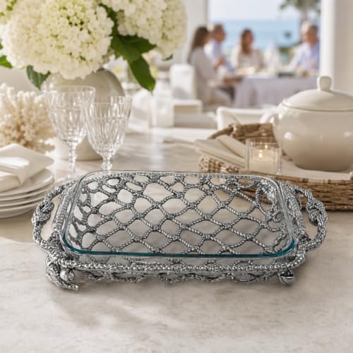 Arthur Court Crab and Net Casserole Dish Holder Ocean Pattern Aluminum 3 Quart with Glass Dish - Image 7