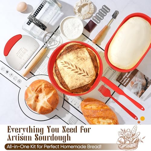 Sourdough Starter Kit with Jar – Complete Sourdough Bread Baking Supplies for Beginners, Includes 2 Silicone Proofing Baskets Baking Mat Sour Dough Kit - Red - Image 6
