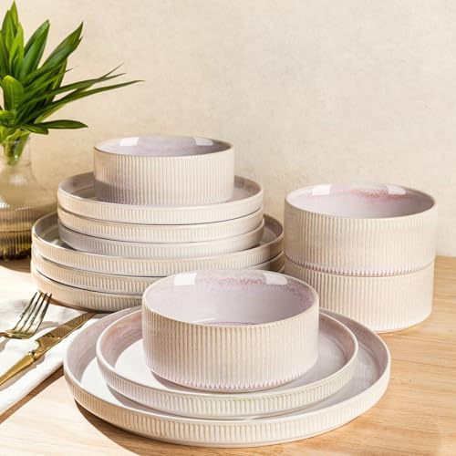 TheTerra Ceramic Dinnerware Set for 4, 12-Piece Plates and Bowls Set by TheTerra