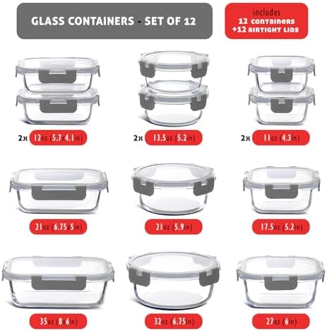 EATEX 24pc Glass Storage Containers with Lids, 12 Glass Food Storage Containers with 12 Airtight Lids for Pantry & Kitchen, Meal Prep Containers for Lunch, Oven Freezer Microwave & Dishwasher Safe - Image 3