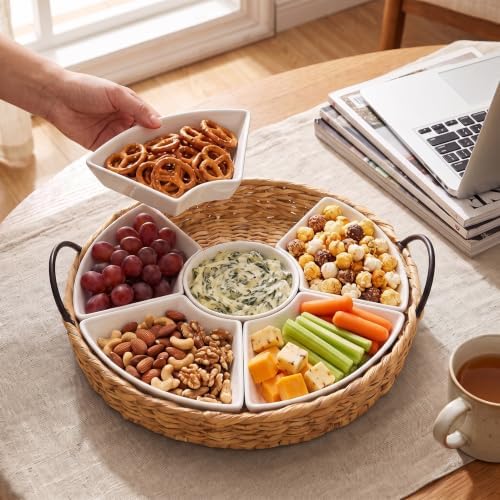 Ceramic Serving Tray, Food Tray 15.5 x 15.5 Inches,Divided Serving Platter with 6 Removable Dishes, Portable Handle Cattail Serving Bowls,Perfect for or Chips and Dip,Natural - Image 2
