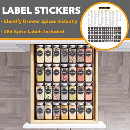 SpaceAid Spice Drawer Organizer with 28 Spice Jars, 386 Spice Labels, 4 Tier Seasoning Rack Tray Insert for Kitchen Drawers, 13" Wide x 17.5" Deep - Image 3