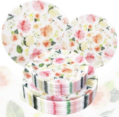 60 PCS Floral Plastic Plates - Pink Disposable Decorative Plates Include 30 Dinner Plate, 30 Dessert Plate for Wedding & Tea Party by Joyido