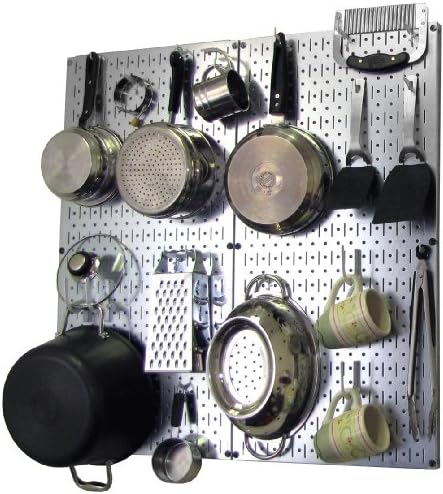 Wall Control Kitchen Pegboard Organizer Pots and Pans Storage Rack Organization Kit with Metallic Silver Pegboard and White Accessories by Wall+Control
