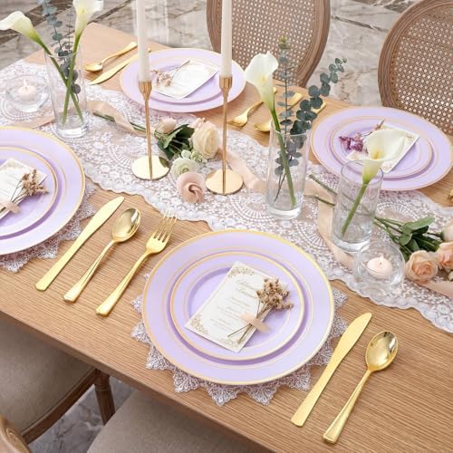 WDF Partyware 350PCS Purple Plates Disposable - Purple Plastic Plates 50Guests Lavender Disposable Dinnerware Sets with Rolled Napkins for Wedding/Birthday/Baby Shower/Bridal Shower - Image 4