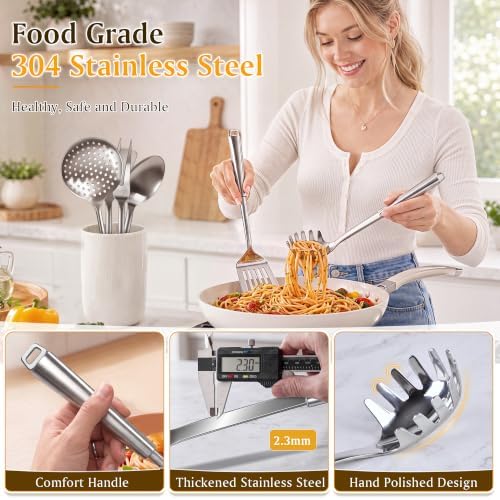 304 Stainless Steel Slotted Spoons for Cooking, Skimmer Ladle, Heavy Duty Sturdy Large Strainer Spoon with Hanging Hole, Heat Resistant Metal Kitchen Utensil, Ergonomic Handle, Dishwasher Safe - Image 3