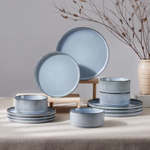 HaWare Dinnerware Sets, Plates and Bowls Set for 4, Reactive Mist Blue by HaWare