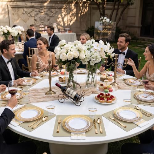 WELLIFE 210Pcs Gold Plastic Dinnerware - Disposable Silverware and Cups, Include:30 Dinner Plates, 30 Dessert Plates, 30 Paper Napkins, 30 Cups, 30 Gold Plastic Cutlery Set for Party and Wedding - Image 5