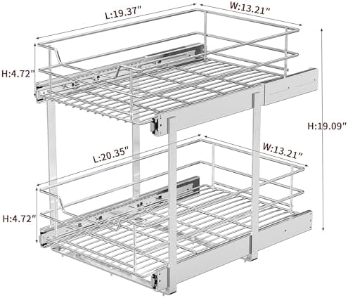 EZKAZA Pull Out Cabinet Organizer for Kitchen Utensil 14.5" W x 21" D, 2-Tier Cabinet Pullout Shelves and Drawer Organizer Slide Out Pantry Storage Basket, Bottom Basket 13.2" W x 20.4" D x 4.7" H - Image 6