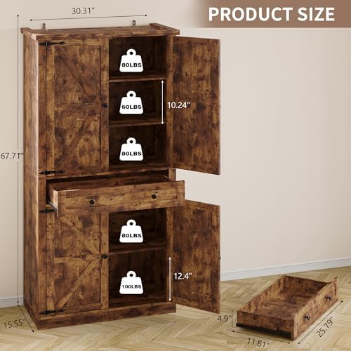 BORNOON Pantry Organizers and Storage Cabinet, 67.71” Barn Door Kitchen Cabinet with Drawers and Adjustable Shelf, Tall Pantry for Kitchen, Dining Room, Living Room - Image 2