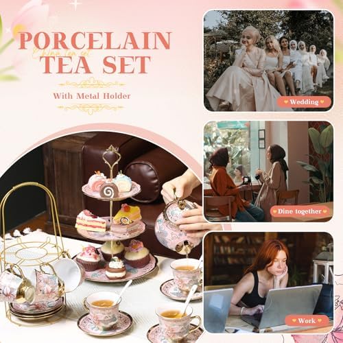21 Pcs Porcelain Tea Set with 3 Tier Dessert Stand, Pink, Spring - Image 4