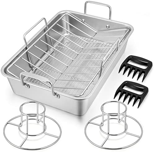 P&P CHEF 16" Roasting Pan with Rack, 7 PCS Stainless Steel Turkey Pan Rack by PPCHEF