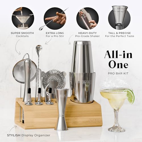 BARE BARREL® Mixology Bartender Kit Bar Set | 14-Piece Cocktail Shaker Set | Martini Barware Mixing Tools for Home Bartending | Incl. 35 Recipe Cards | Gift Set (28oz Boston Shaker, Silver/Natural) - Image 2
