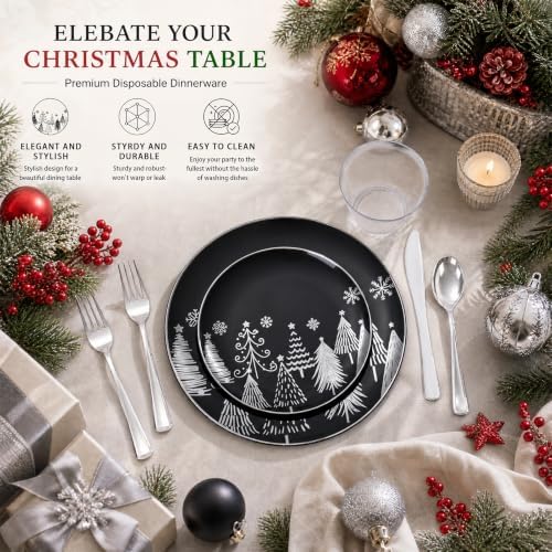 KIRE 150PCS Christmas Plates Disposable & Dinnerware Set for 25 Guests - Black & Silver Plates, Plastic Silverware & Cups With Silver Rim for Christmas/New Year - Image 4