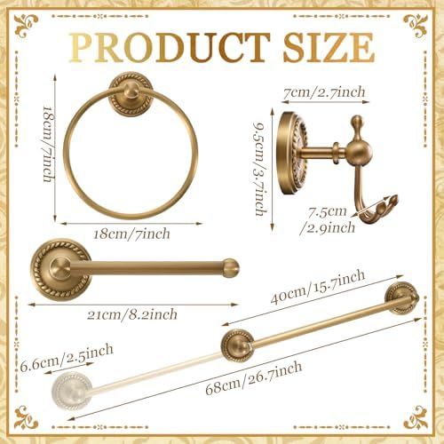 4 Pcs Antique Brass Gold Bathroom Accessories Set Wall-Mounted Adjustable Towel Rack & Round Towel Ring & Toilet Paper Holder & Robe Hook, Wall Mounted Brass Vintage Bath Hardware Set - Image 2