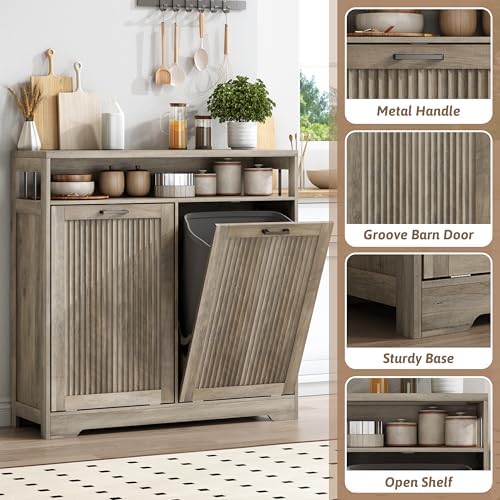 Pet-Proof Double 13 Gallon Tilt Out Trash Can Cabinet with Open Storage – Hide Garbage & Recycling Bins to Keep Your Kitchen Clean and Organized,Wood Grey - Image 4