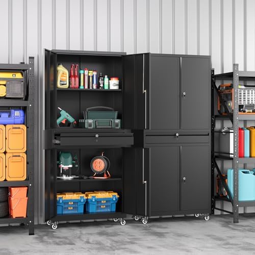 Metal Garage Storage Cabinet with Wheels,Lockable Storage Cabinet with Adjustable Shelves and 1 Drawer,Rolling Tool Cabinet for Workshop Garage and School(Black) - Image 2