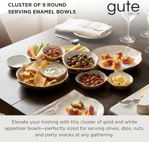 Cluster of 9 Round Serving Bowls Enamel Clusters Decorative Elegant Snack Tray for Olives, Chip & Dip, Nuts, Appetizers & Entertaining Strong Brass & Enamel Home Decor Gifts, Parties & Weddings 22" - Image 2