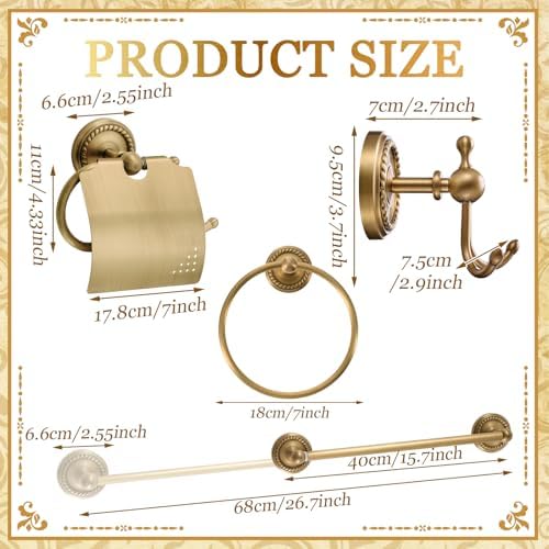 4 Pcs Antique Brass Gold Bathroom Accessories Set Wall-mounted Adjustable Towel Rack & Round Towel Ring & Covered Toilet Paper Holder & Robe Hook Wall Mounted Brass Vintage Bath Hardware Set - Image 2