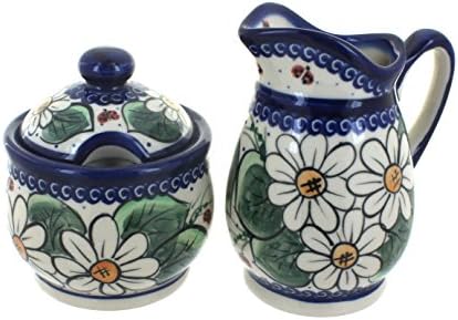 Blue Rose Polish Pottery - Red Ladybug Cream & Sugar Set - 12 oz Creamer - Hand-Painted Polish Pottery Ceramic Creamer & Sugar Bowl with Lid by BlueRosePottery