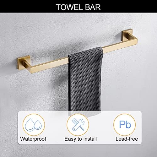 5-Piece Bathroom Hardware Set 23.6 Inch Gold Towel Bar Set Towel Bar Towel Ring Coat Hook and Toilet Paper Holder with Shelf Wall Mounted Stainless Steel Bathroom Accessories Set - Image 2