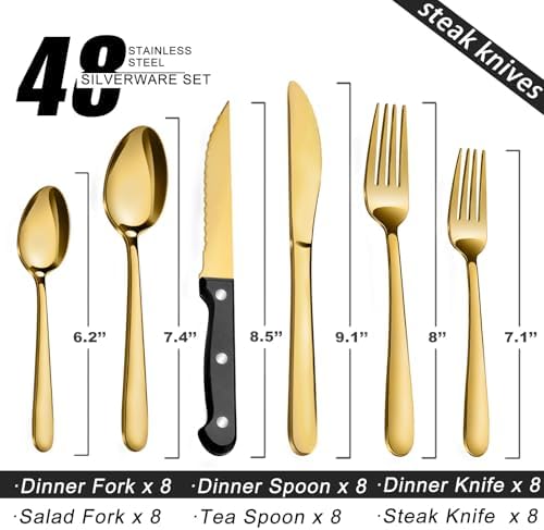 Pleafind 48-Pieces Gold Silverware Sets for 8, Stainless Steel Cutlery Set with Steak Knives, Flatware Set, Include Forks Spoons and Knives Set, Dishwasher Safe Utensil Sets for Home Restaurant - Image 2