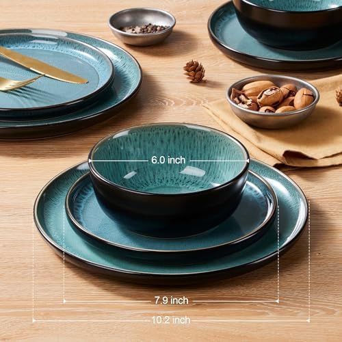LIANYU Ceramic Dinnerware Sets for 4, 12 Piece Dishes Set, Pastel Turquoise - Image 2