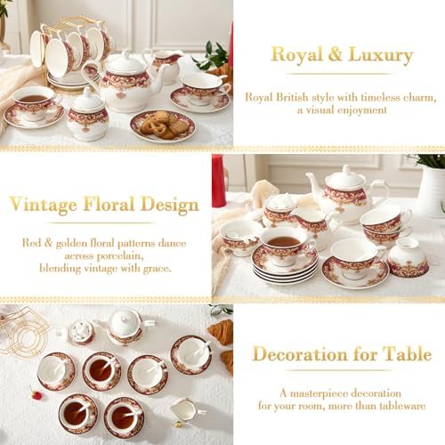 DUJUST 22 pcs Royal Vintage Porcelain Tea Set for 6, Luxury British Tea Sets for Adults with Red Patterns & Golden Trim, Beautiful Floral Tea/Coffee Cup Set, Gift Package - Royal Treat for You - Image 4