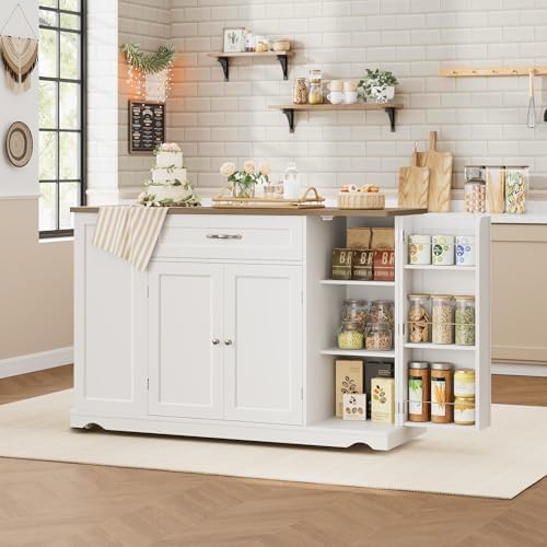 HOSTACK 47" W Kitchen Island Cart with Storage, Rolling Island Table, White - Image 4