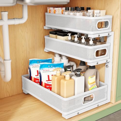 Kitstorack Under Sink Organizer, 1-Pack 3-Tier Height Adjustable Thickened Metal Pull out Cabinet Organizer Shelf, Slide out Storage Drawer Rack for Bathroom Kitchen Pantry Home Laundry Organization by Kitstorack