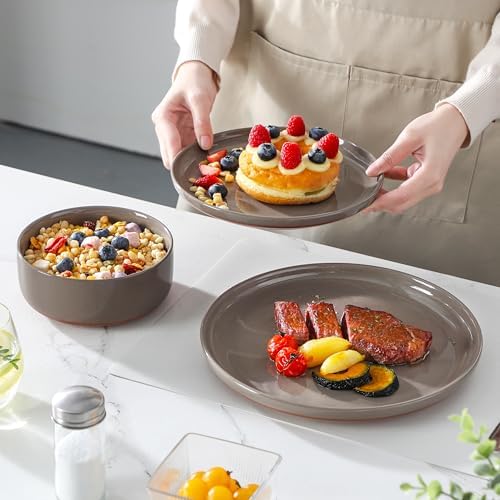 MALACASA Plates and Bowls Sets, 18 Pieces Modern Ceramic Dinnerware Set for 6 Kitchen Dinner Set Stoneware Dishware Dishes Set Microwave and Dishwasher Safe, Brown, Series TARA - Image 6