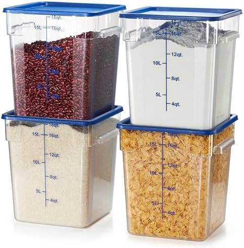 CURTA 4 Pack Food Storage Containers with Blue Lids - NSF Listed Commercial Grade in 18.0 Qt - Square, Clear, Polycarbonate by CURTA