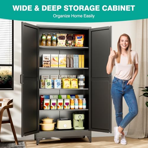 SISESOL 75" Tall Pantry Cabinet,Wide & Deep Farmhouse Kitchen Pantry Storage Cabinets with 2 Doors and 5 Shelves,Black Metal Storage Cabinet,Large Cupboard for Home,Kitchen,Dining/Living Room - Image 4
