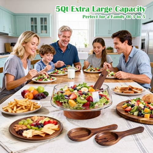 Extra Large Glass Salad Bowl with Lid Set, 5-Qt (160 fl oz) Mixing/Serving Bowl with Wood Base & Salad Servers, Trifle Bowl for Kitchen, Parties & Christmas - Image 2
