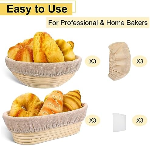 Geetery 6 Pack Bread Banneton Proofing Baskets 10 Inch Oval and 9 Inch Round Rattan Sourdough Baskets Dough Proofing Bowls with Liners and Dough Scraper for Home Sourdough Bread Baking Supplies - Image 2