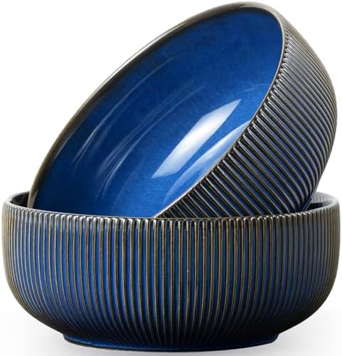 getstar Large Serving Bowls Ceramic Salad Bowl Set of 2, 8 Inch & 60 fl oz, Microwave and Dishwasher Safe, Farmhouse Kitchen Decorative Bowls Set, Embossed Stripes, Vintage Blue by Getstar