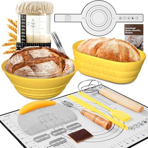Sourdough Starter Kit with Jar – Complete Sourdough Bread Baking Supplies for Beginners, Includes 2 Silicone Proofing Baskets Baking Mat Sour Dough Kit - Yellow by BICRET