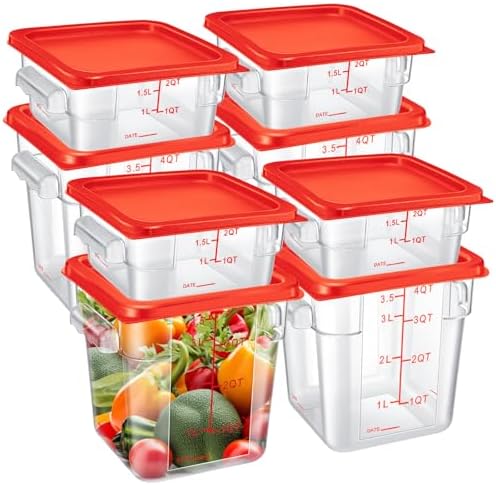 Suclain 8 Pcs Food Storage Container with Lids Set 2qt and 4qt Square Clear Commercial Containers with Scales Handles for Home Restaurant Kitchen Food Storage, Marinating Meat, Proof Dough (Red) by Suclain
