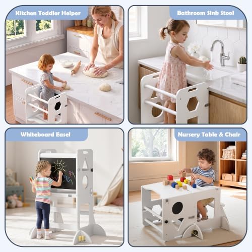 Toddler Standing Tower Anti-Tip Wooden Kitchen Step Stool Helper，White - Image 6