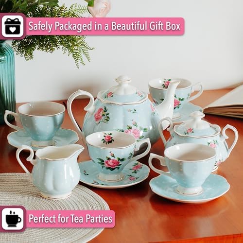 BTaT- Floral Tea Sets for Adults, 13 pcs, Service for 4, Pot (38 oz) & Cups (8 oz) with Saucers, Pastel Blue Floral Design, Porcelain Tea Set for Adult, Dishwasher Safe - Image 6