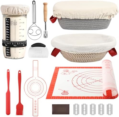 Sourdough Bread Baking Supplies, Banneton Bread Proofing Basket, 10 Inch Oval & Round Bread Baskets with Liners & Covers, Sourdough Starter Kit by Tunyet